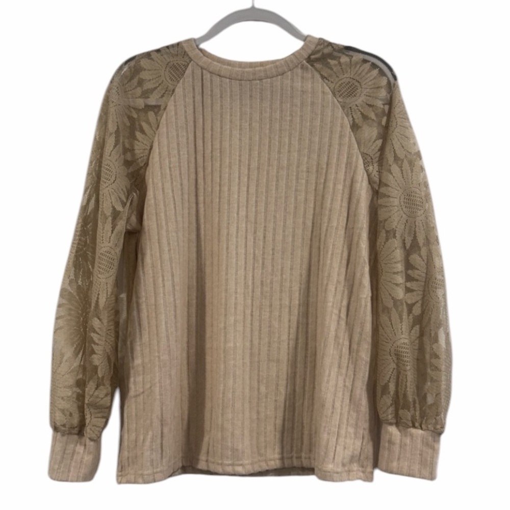 Women’s Cream Tan Sweater with Sheer Embroidered Floral Details on Sleeve Large